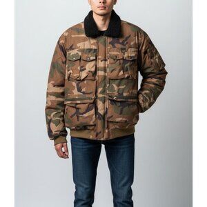 Mens American Stitch Camouflage Bomber Jacket W/ Faux Fur Collar & Multiple Pock
